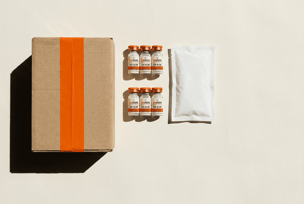209PEPS shipping box with orange tape, cold pack, and research vials
